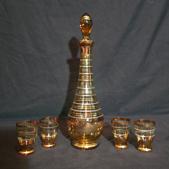 Vintage Bohemia Czechoslovakia Amber Gold Decanter Set (4 Glass / 1 Decanter) - Picture 2 of 6
